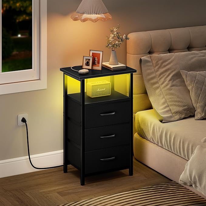 Vagusicc Night Stand with Charging Station, LED Nightstand for Bedroom, Bedside Table with 3 Fabric Drawers, End Table Side Table with USB Ports and Outlets, Bed Side Table for Bedroom, Black