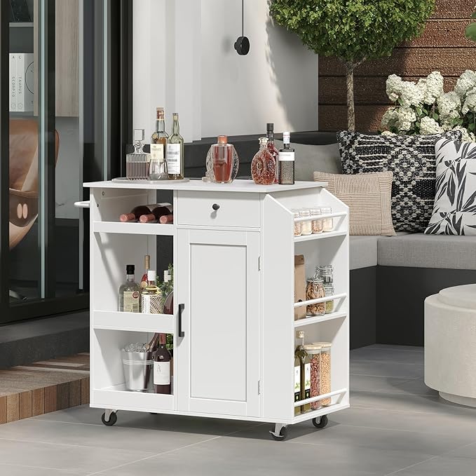 MAHANCRIS Kitchen Island with Power Outlet, Kitchen Storage Island with Drawer, Rolling Kitchen Cart on Wheels, Spice Rack, Towel Rack, Wine Rack, for Dining Room, White KIWT122E01