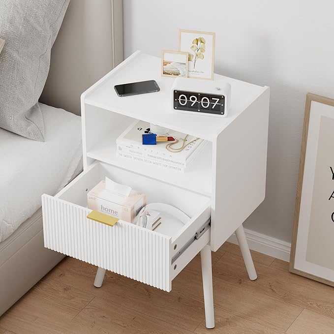 JOONEE White Nightstand,Modern Bedside Table with Storage Drawer and Open Wood Shelf, for Living Room, Bedroom and Small Spaces, Accent Night Stand with Solid Wood Legs, Easy Assembly,Classic White