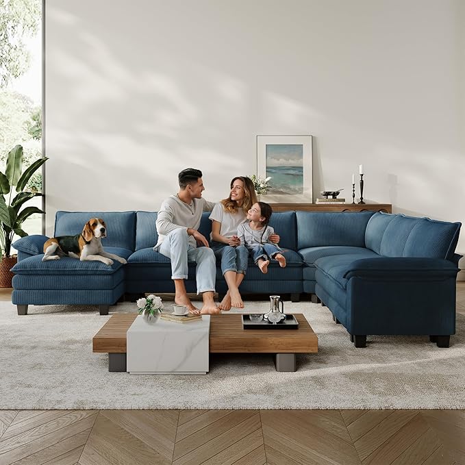 LINSY HOME Modular Sectional Sofa, 6-Seat Corduroy Modern Cloud Couch with Deep Seat & 1 Movable Ottoman, Perfect for Living Room, Office, Bedroom, Blue