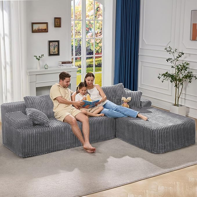 Hobestluk Modular Sectional Sofa Boneless Couch L-Shape Couch 3 Seat Modular Couch Memory Foam Sectional Couches for Living Room Furniture, Cloud Couch with Oversized Chaise (108" Right Facing Chaise)