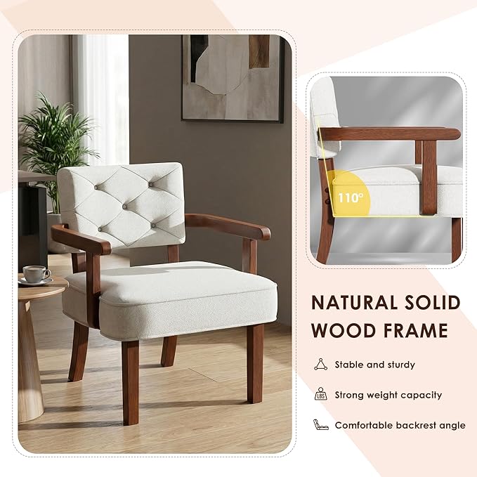 Versatile Accent Chair for Bedroom, Mid Century Modern Arm Chair, Butacas para Sala, Upholstered Wooden Chairs with Arm Rest, Tufted Backrest,Cushion, for Office, Living Room, Reading, Beige
