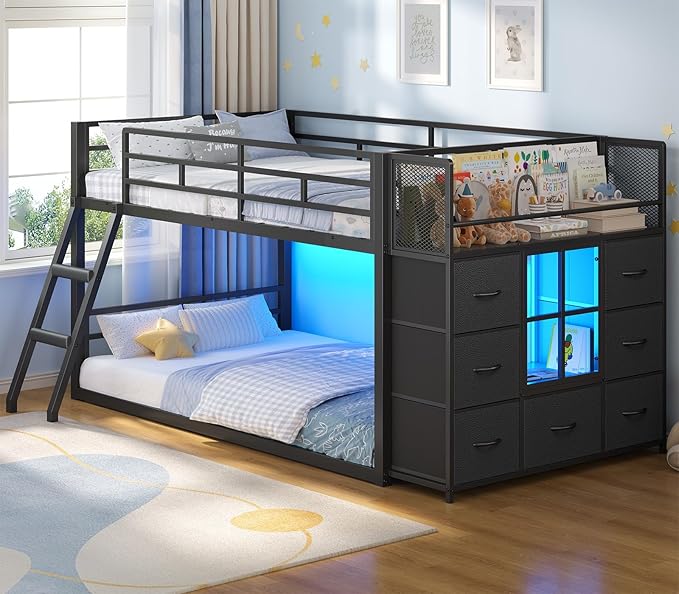 BTHFST Low Bunk Bed Twin Over Twin with 7 Large Fabric Drawers & Bookshelf, Metal Bunk Bed with RGB LED Lights & Slanted Ladder & Safety Guardrail, Kids Low Loft Bed Twin for Small Space, Black
