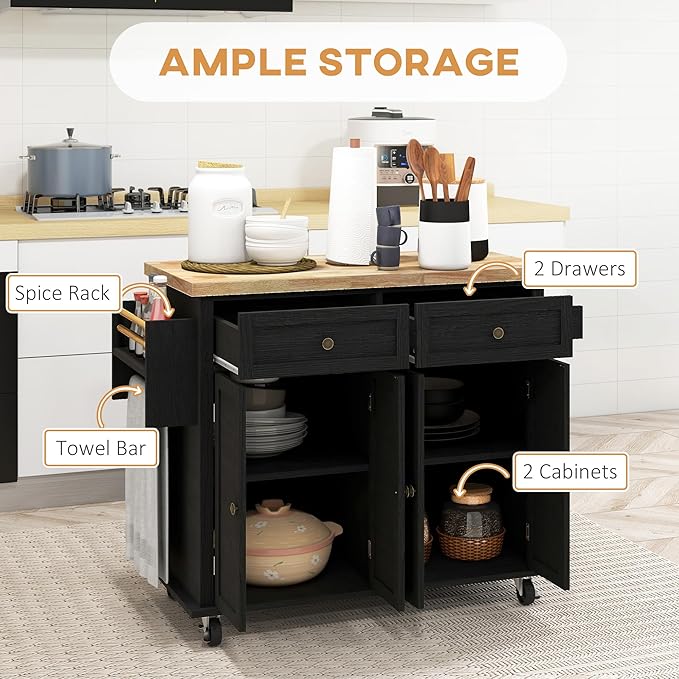 HOMCOM Kitchen Island Cart with Solid Wood Top, 44" Mobile Kitchen Island Table on Wheels with Storage Cabinets, 2 Drawers, Adjustable Shelves, Spice Rack & Towel Bar for Dining Room, Distressed Black