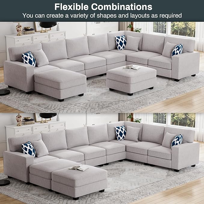 Legend Vansen Oversized Modular Sectional Sofa,U/L‑Shaped Reversible Couch with Ottoman,Deep Seat Plush Polyester Sofa for Living Room,9‑Seate,Light Grey