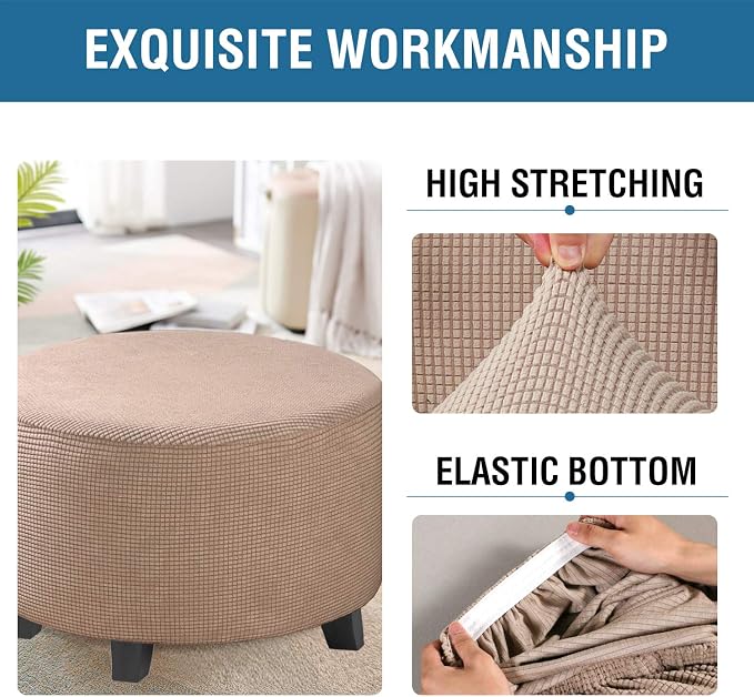 H.VERSAILTEX Ottoman Cover Stretch Ottoman Slipcover Round Ottoman Storage Cover Folding Stool Covers Furniture Protector Cover for Footrest Ottoman Fit Dia 30" - 41", Sand