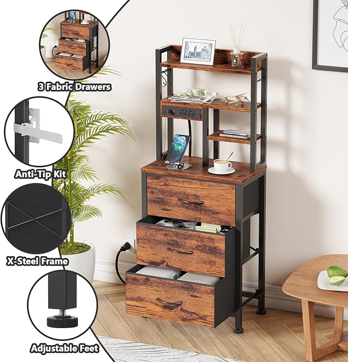 Furnulem Tall Night Stand with LED & USB Ports, 45.3inch Nightstand with Open Bookshelf, Bedside Table with 3 Fabric Drawers for Bedroom/Dorm/Office, Rustic Brown Wood-Metal Frame