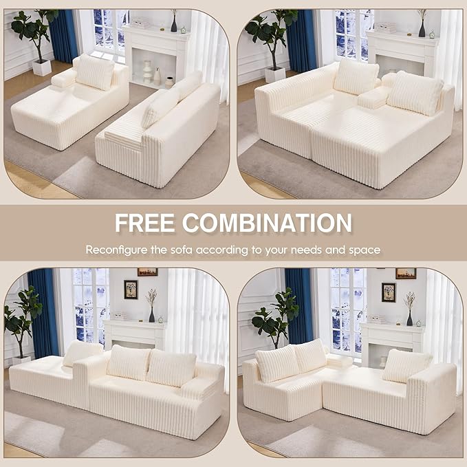 Hobestluk Modular Sectional Sofa Boneless Couch L-Shape Couch 3 Seat Modular Couch Memory Foam Sectional Couches for Living Room Furniture, Cloud Couch with Oversized Chaise (108" Left Facing Chaise)
