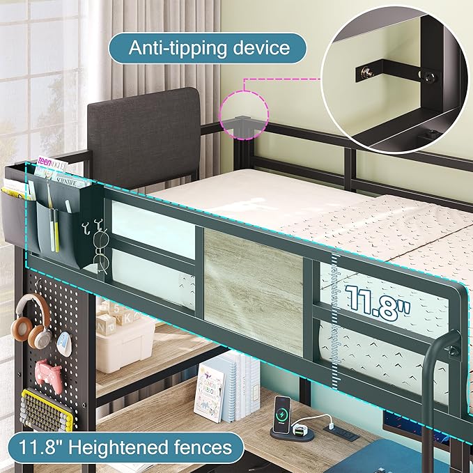 busyaeh Loft Bed Twin Size,Loft Bed with Desk & RGB LED Lights and Charging Station,Bunk Bed with Desk and 5 Storage Drawer Cabinets and 2 Open Shelves,Twin Loft Bed No Box Spring Needed,Oak Gray