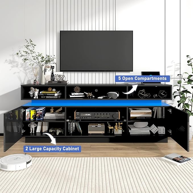 chartustriable LED TV Stand for 80 Inch TV, Modern Tall Entertainment Center with Power Outlets, High Gloss TV Stand, Gaming TV Media Console with Glass Shelf for Living Room, 71 Inch, Black
