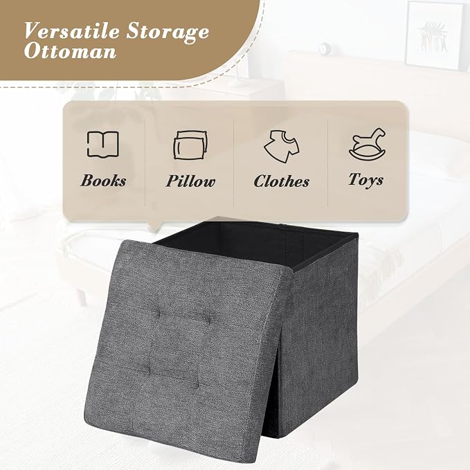 Athena Collection Line Square Ottoman with Storage, 15 Inch Small Storage Ottoman, Multipurpose Footstool Foot Rest for Living Room, Bedroom, Dorm, Dark Grey