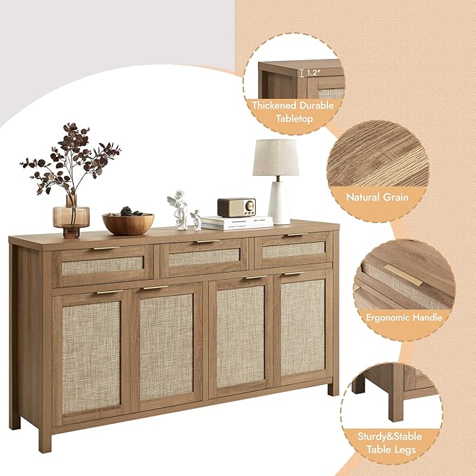 HOKYHOKY 2 Piece Rattan Sideboard Buffet Cabinet, Boho Storage Cabinet with Adjustable Shelves, Farmhouse Credenza Coffee Bar Cabinets with Doors & Drawers for Living Room, Hallway&Kitchen