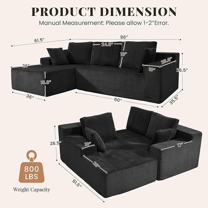 GRUSIGN Cloud Sectional Boneless Couches for Living Room, Modular L Shaped Couch with Deep Seat Oversized Left Facing Chaise, Memory Foam Compressed Spineless 3 Seater Sofa for Apartment, Black