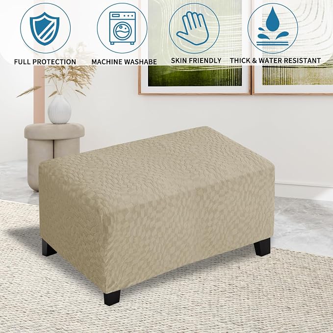 ZNSAYOTX 2026 Rectangle Ottoman Cover (L:35"-45") Super Stretch Soft Footrest Slipcover Form Fit, Universal Folding Foot Stool Covers with Non-Slip Elastic Band, Fashion Jacquard Texture, Khaki