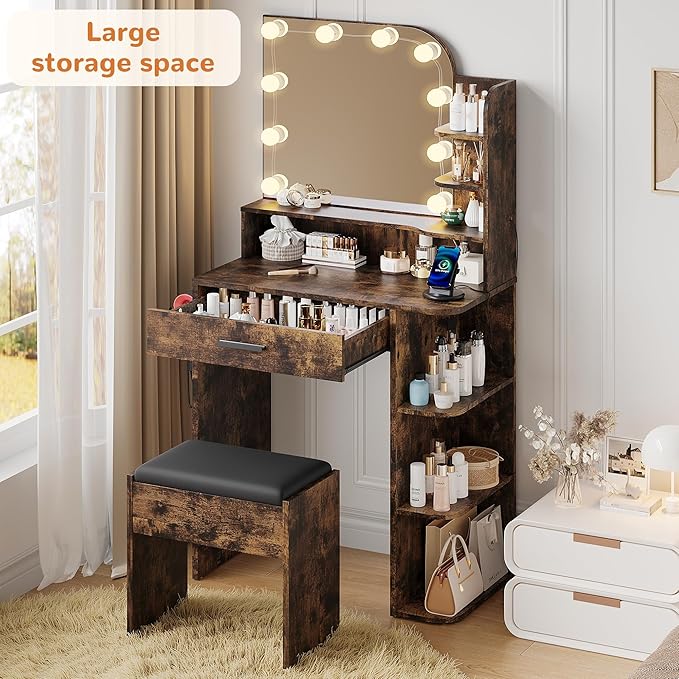 wanan Makeup Vanity with Chair, Small Vanity Desk with Mirror and Lights 3 Colors, Girls Vanity Set with Power Outlet, Compact Vanity Table for Small Space, Vintage Brown