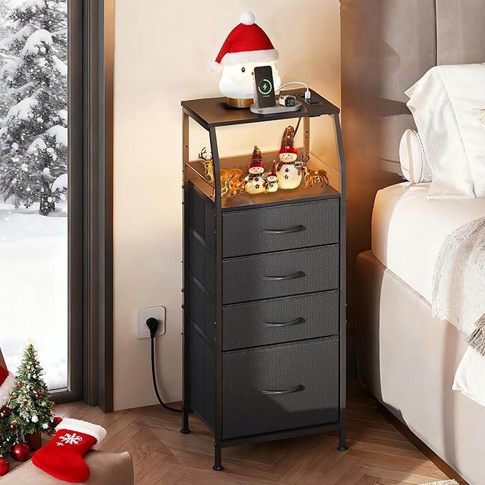 WLIVE Night Stand with Charger Station, LED Nightstand with 4 Fabric Drawers and Storage Shelf, Tall Dresser for Bedroom, 37.48" H Bedside Table with 3 USB Ports and Outlets, Black