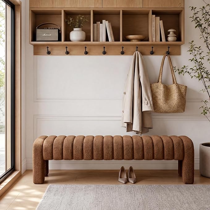 63’’ Bedroom Bench, Upholstered End of Bed Bench with Solid Wood Legs, Modern Cushioned Dining Bench with Full Covered Fabrics for Entryway, Bedroom, Living Room (Rust Brown, Boucle)