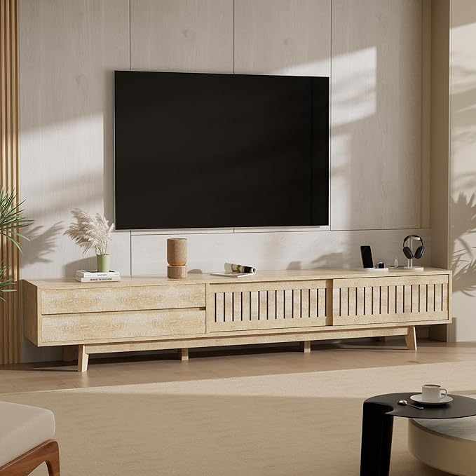 TV Stand for up to 100 Inch TVs, 94.5" Entertainment Center with Storage & Power Outlet, Mid Century Modern Media Console w Drawers and Sliding Door, Television Stand for Living Room, Natural