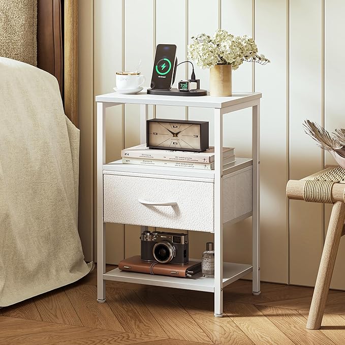 SUPERJARE Nightstand Set of 2, Bed Side Tables with Charging Station, Adjustable Fabric Drawer, Night Stand for Bedroom, 3-Tier Storage End Tables, White, 8694WC