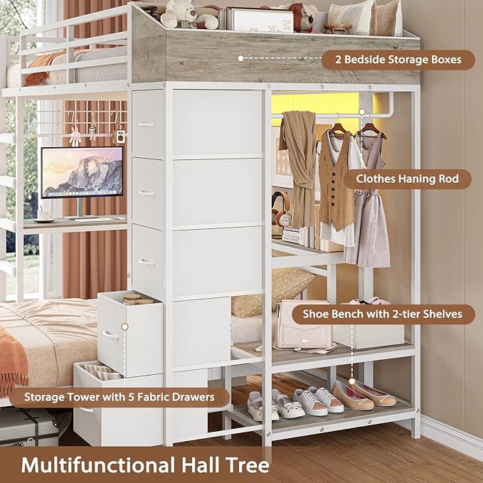 VIAGDO Bunk Bed Twin Over Twin with Hall Tree, Charging Station and LED Lights, L-Shaped Bunk Bed with Desk, 5 Storage Drawers, Twin Bunk Beds with Guardrail & Stairs, No Box Spring Needed, White