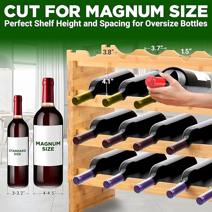 NutriChef Magnum Oversize 24 Bottle Stackable Modular Wine Rack, Upgraded 1” Thick Sideboard, .5” Rack Sticks, Sturdy Wobble Free Natural Bamboo Construction with Anti Moisture Protective Finish