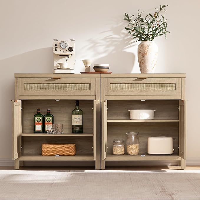 SICOTAS Sideboard Buffet Storage Cabinet, Rattan Accent Cabinet with Doors and Drawer, Boho Credenzas Buffet Table Console Coffee Bar Cabinets for Entryway Living Room, Natural