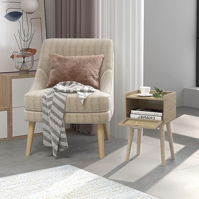 LAATOOREE Nightstand Set of 2, Small Bedside Table, End Table with Rattan Door, Boho Side Table with Solid Wood Legs for Bedroom Living Room Small Space
