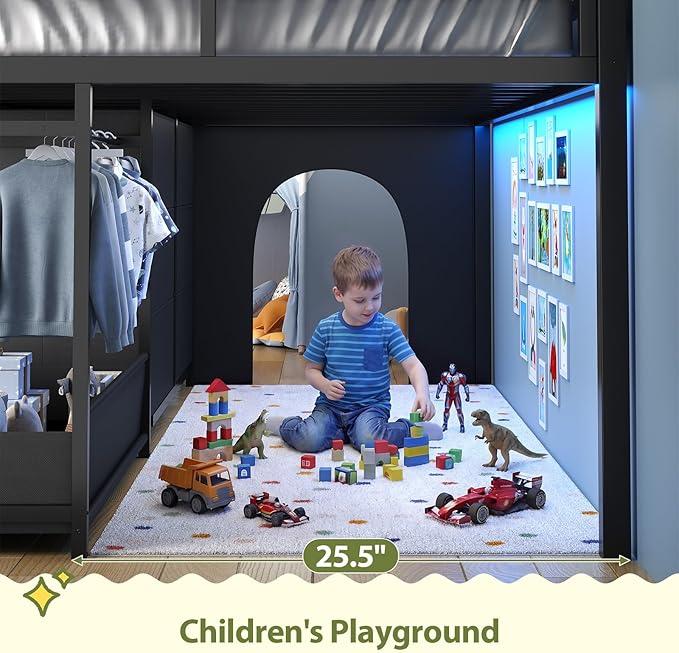 UPOSOJA Twin - Low Loft Bed with Kids Clothing Rack, Kids Loft Bed, Loft Bed with Tent, Toy Storage Box, Safety Guardrail, LED Light, Under-Hide and Seek Bed Play Space (Black)