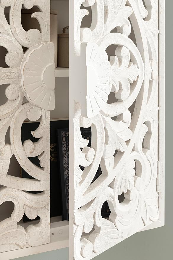 Kate and Laurel Saanvi Traditional Carved Wood Floating Bathroom Wall Cabinet, 22 x 7 x 28, White, Dimensional Over the Toilet Storage Cabinet for Use as Bathroom Storage or Entryway Decor and Display