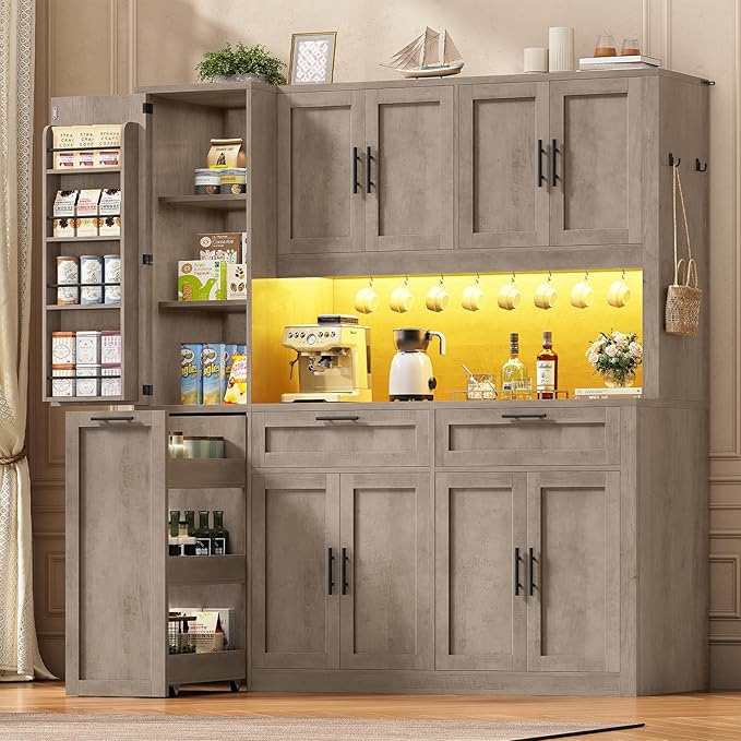 Itaar 71" Kitchen Pantry Cabinet with Charging Station and Led Light, Kitchen Storage Cabinets with Microwave Stand, 59" Wide Pantry Storage Cabinet with Storage Cart 3 Tier for Dining Room, Grey