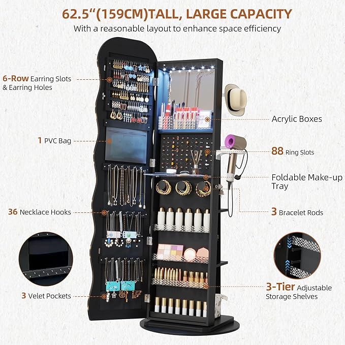Vlsrka LED Mirror Jewelry Cabinet Standing, 360° Swivel Jewelry Aromire Organizer with Wavy Mirror, Lockable Jewelry Mirror with Storage, Jewelry Cabinet, Interior Mirror, Foldable Shelf (LED Black)