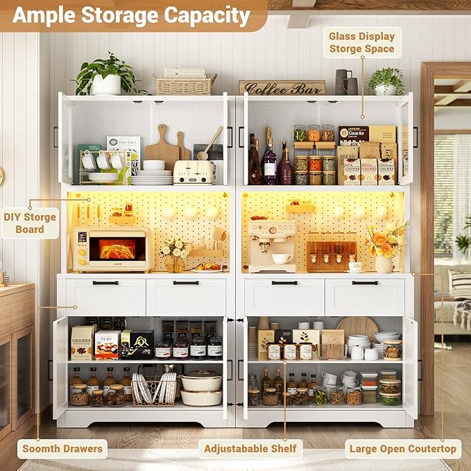 Unikito 71" Tall Kitchen Pantry Storage Cabinet with LED Light & Outlet, 63" Wide Kitchen Hutch Cabinet with Large Countertop, DIY Pegboard and Drawers, Farmhouse Food Pantry for Living Room, White