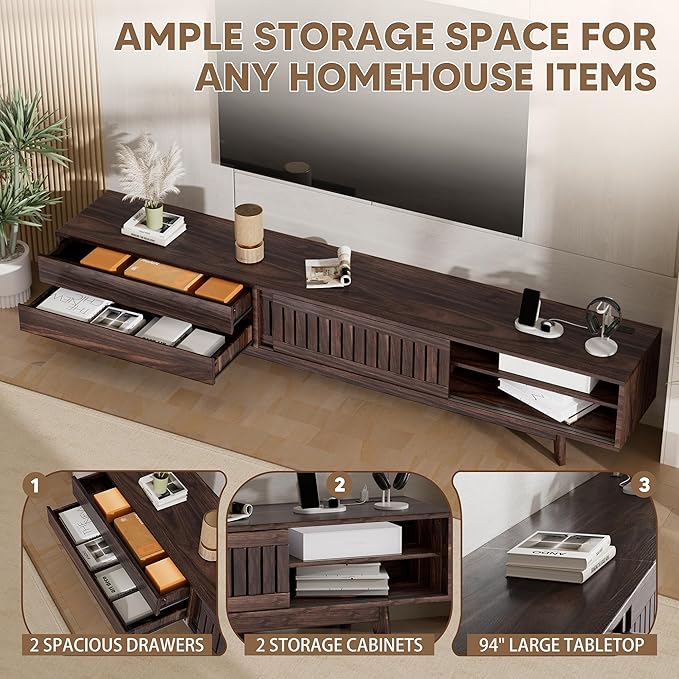 TV Stand for up to 100 Inch TVs, 94.5" Entertainment Center with Storage & Power Outlet, Mid Century Modern Media Console w Drawers and Sliding Door, Television Stand for Living Room, Walnut