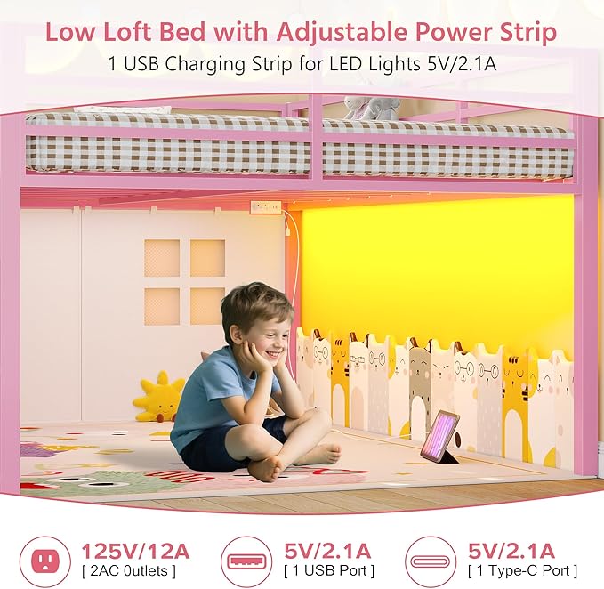 Dnxao Low Loft Bed Full Size with 9 Drawers and 2 Bookcases, Full Size Loft Bed with Charging Station & LED Lights, 15" H Safety Guardrail Metal, Under-Bed Play Space,Pink