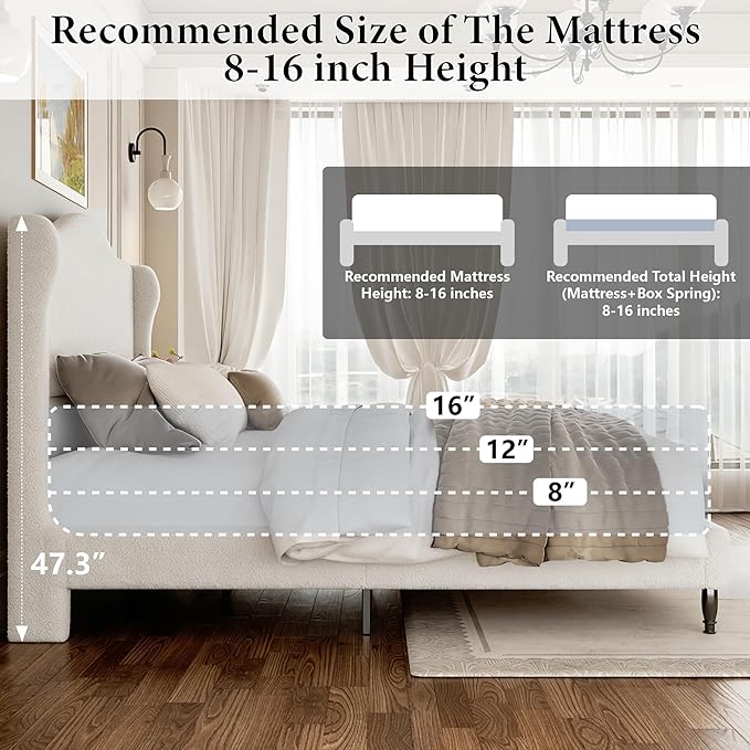 Queen Bed Frame with Wingback Headboard, Upholstered Boucle Platform Bed Frame, Solid Wooden Slats Support, Noise-Free, No Box Spring Needed, Soft Cloud Bed for Bedroom, Cream