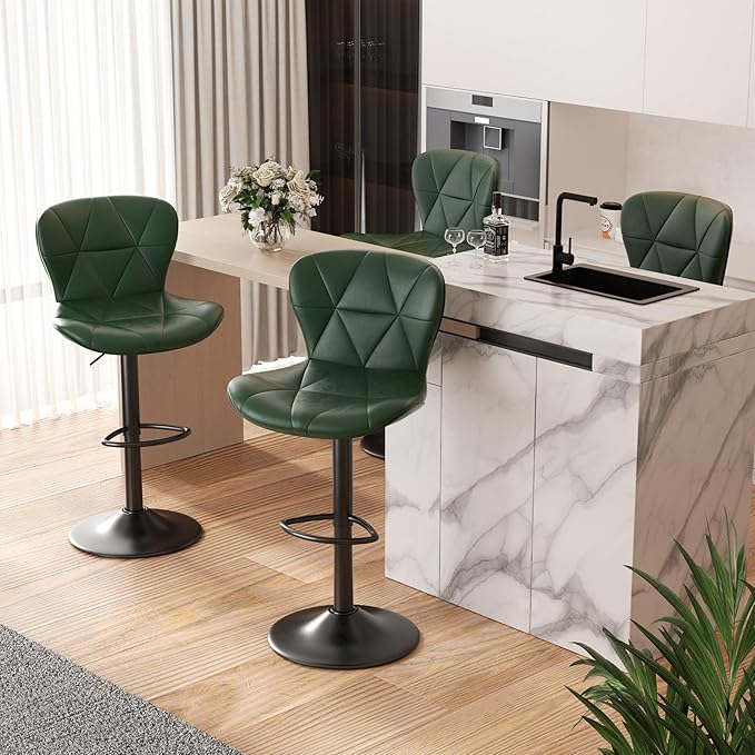 Nalupatio Modern Bar Stools Set of 4, Adjustable Faux Leather Upholstered Swivel Bar Stools, Counter Bar Chairs with Back for Kitchen Island, Green