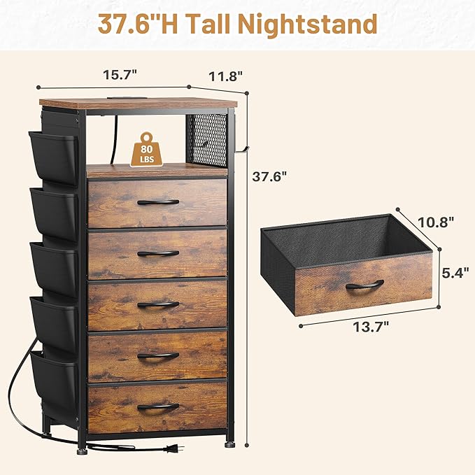 EnHomee Night Stand with 5 Drawers, Dresser with Charging Station and LED Light, Tall Nightstand with Extra Side Bag & Hooks, Bedroom, Closet, Hallway, Entryway, Rustic Brown