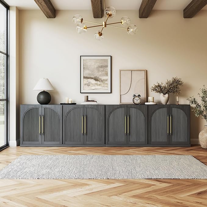 BELLEZE Set of 2 65" Sideboard Cabinet with Double-Arc Wood Doors, Large Buffet Cabinet with Storage and Adjustable Shelves, Classic Modern Console Table for Dining Room Living Room Entryway (Ebony)