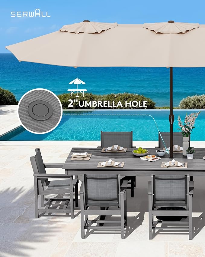 SERWALL 9 Piece Outdoor Dining Set, 84" HDPE Outdoor Large Table and Textilene Sling Chairs for 8，All Weather Patio Dining Furniture Set with Umbrella Hole for Backyard, Garden, Gray
