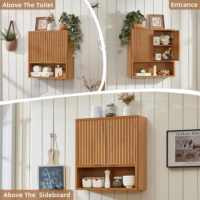 LEYAOYAO Fluted Bathroom Wall Cabinet, Wall-Mounted Medicine Cabinet with Adjustable Shelf and 2 Doors, Tea Brown Farmhouse Over the Toilet Storage Cabinets for Laundry Room, Kitchen, Living Room