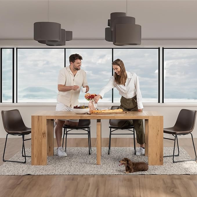 Transformer Table - Solid Wood Extendable Dining Table, Seats 2-12, Expandable Dining Room Table, Space-Saving Furniture, Kitchen and Dining Room Furniture (Natural, Table + Coffee Table)