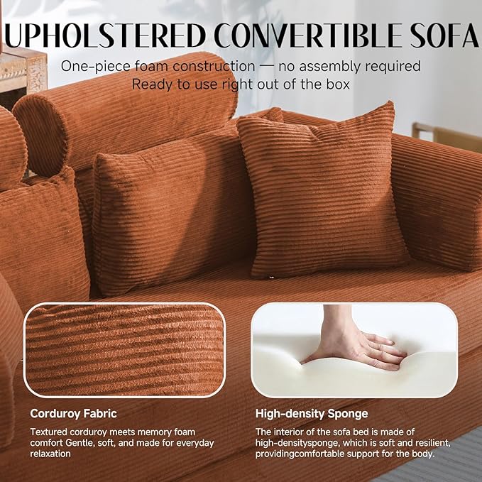 79" Convertible Boneless Couch for Small Spaces, 6-in-1 Corduroy Sofa Bed with High Backrest, Pillows, High-Density Foam Loveseat Sleeper Couch in a Box for Living Room, No Assembly, Orange
