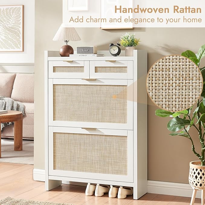 HOKYHOKY Rattan Shoe Storage Cabinet with 2 Drawers & 2 Flip Drawers – Hidden Slim Shoe Organizer for Entryway, Large Tabletop Space, Farmhouse Boho Narrow Shoe Rack, Rustic White