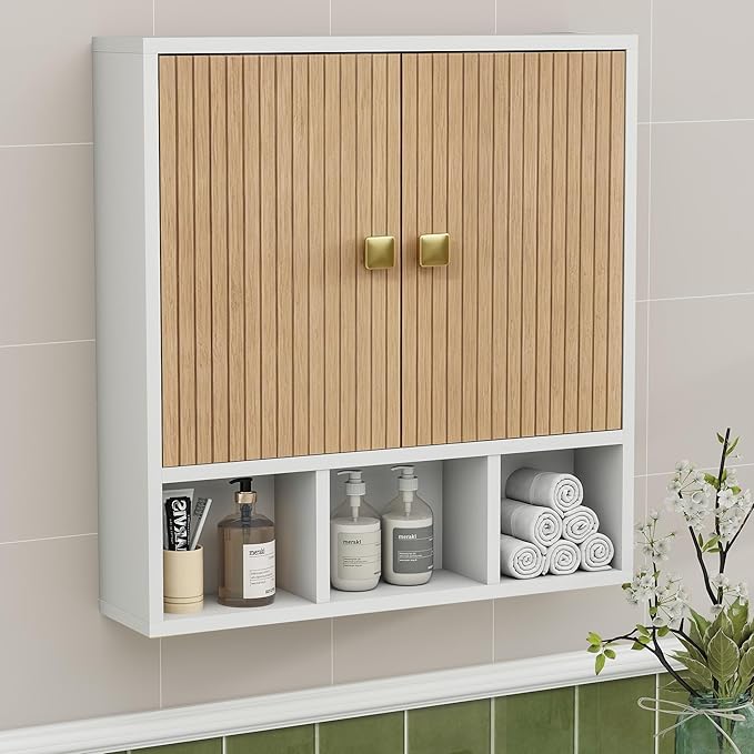 Bathroom Wall Cabinet,Wooden Medicine Cabinet with Fluted Doors Over The Toilet Storage Cabinet with Adjustable Shelf for Bathroom,White