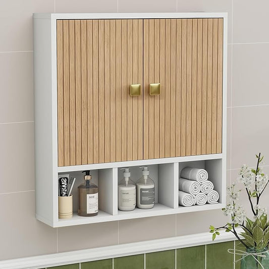 Bathroom Wall Cabinet,Wooden Medicine Cabinet with Fluted Doors Over The Toilet Storage Cabinet with Adjustable Shelf for Bathroom,White