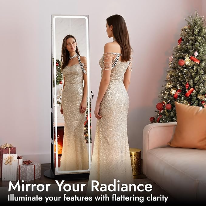 Zamildon's LED Mirror Jewelry Armoire, 360° Swivel Full Length Mirror Cabinet, Freestanding Mirrored Jewelry Organizer with LED Lights and Storage Shelves, Black