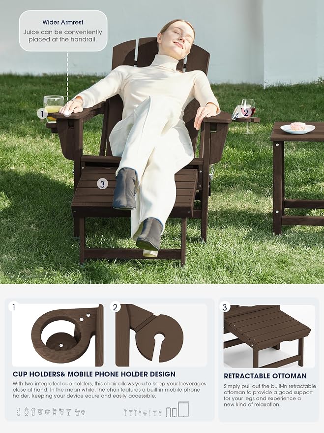 KINGYES Folding Adjustable Adirondack Chair with Ottoman Set of 4, HDPE Adirondack Recliner Chair with Footrest, Coffee
