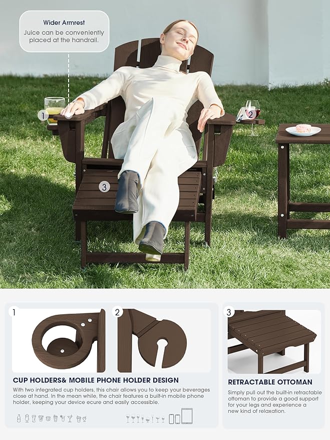KINGYES Folding Adjustable Adirondack Chair with Ottoman Set of 2, HDPE Adirondack Recliner Chair with Footrest, Coffee