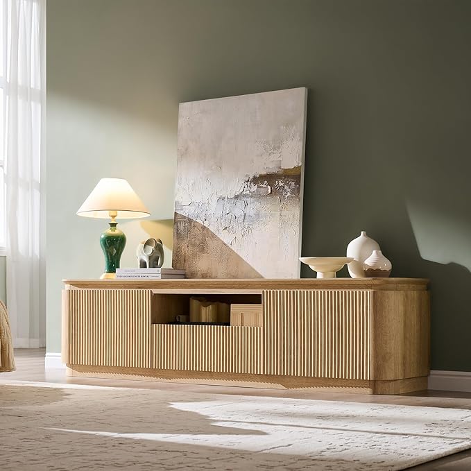 70" Fluted TV Stand for TVs Up to 80", Mid Century Modern Entertainment Center with Drawer, Storage Cabinet, Open Shelf, Wood Low Profile Media TV Console for Livingroom, Natural Oak