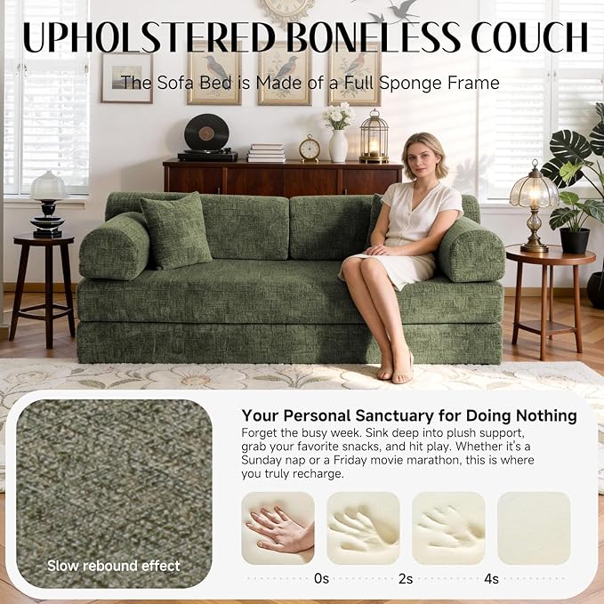 78.8" Convertible Sofa Bed with Detachable Arm Pillow, 6-in-1 Sectional Couches for Living Room, Corduroy Boneless Couch, Sleeper Loveseat Couch Bed, No Assembly, Moss Green Couch